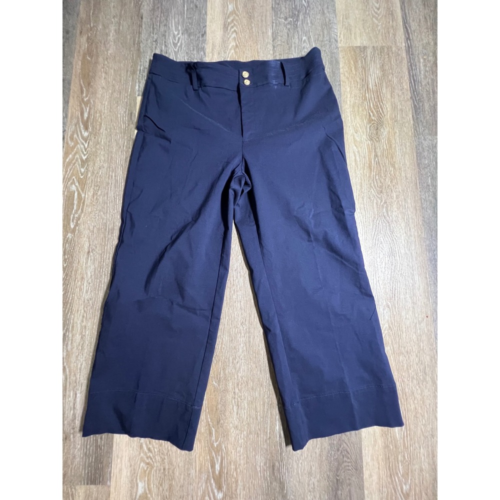 Chico's Cropped Wide Leg Pants Womens 14 Navy Blue Good Gold Crested Buttons